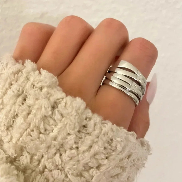 925 Sterling Silver Chunky Bold Statement Ring Large Thick Ring Multi Layer - Picture 1 of 9